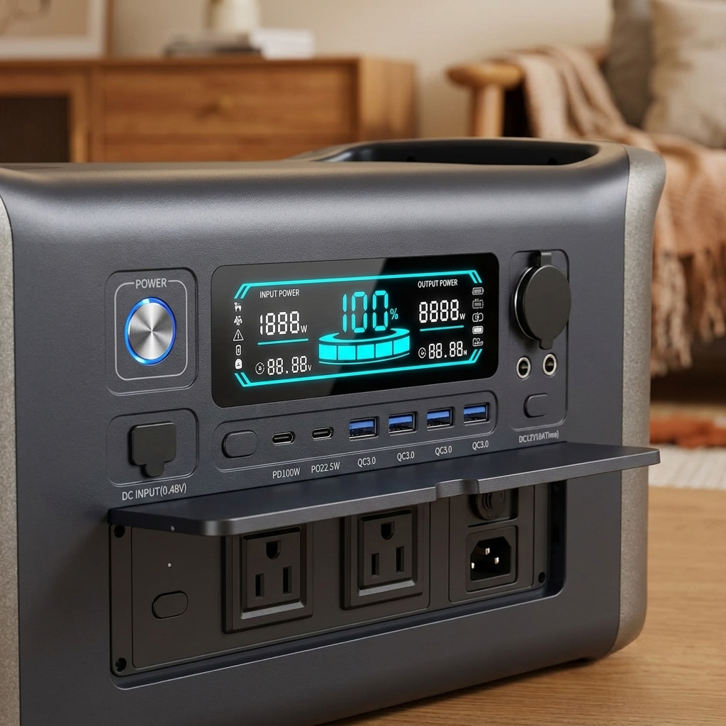 Tactical PowerX front panel close-up: LCD power display, USB-C PD, USB-A quick charge ports and AC outlets
