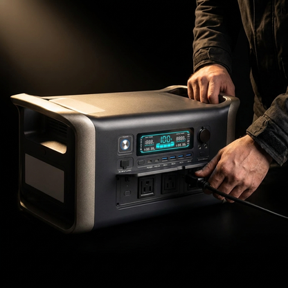 Tactical PowerX portable power station with glowing display, plugging in a power cable